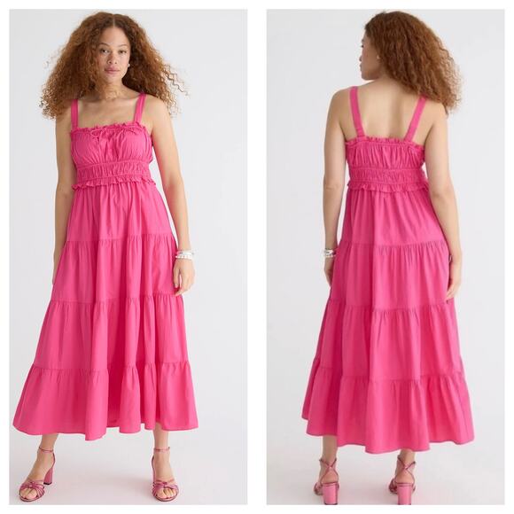 J. Crew Sevilla Hot Pink Tiered Midi Dress Size Small Stretch Sleeveless Cotton - Picture 1 of 14